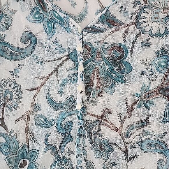 Y2K 90's Blue Floral Semi Sheer Mesh Tulle Beige Lace Trim Fitted Henley Top S E - Picture 4 of 10